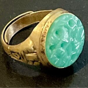 Vintage 60s/70s Carved Faux Jade Signet Ring | Adjustable Gold-Tone (Sz 3-10)